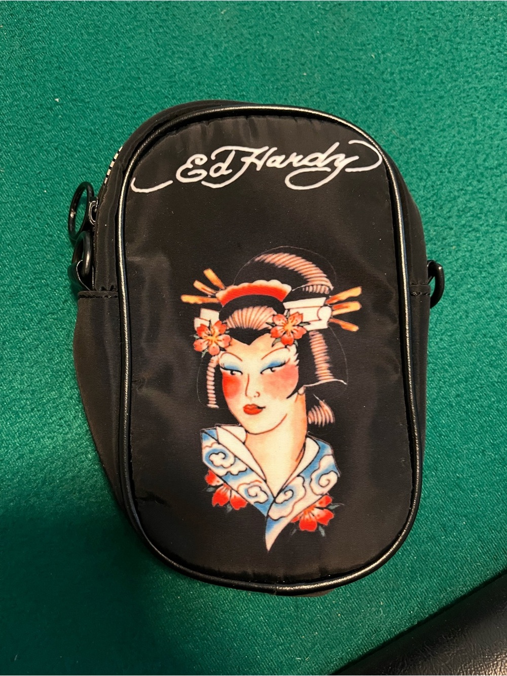 Ed Hardy Black Crossbody Bag with Colorful Geisha Art